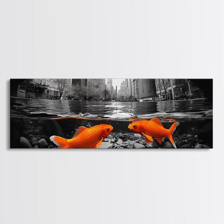 City Meets Nature, Urban Fish, Goldfish Art, Surreal Street Scene, Framed Canvas Print, Quirky Kitchen Wall Art, Modern Whimsical Decor