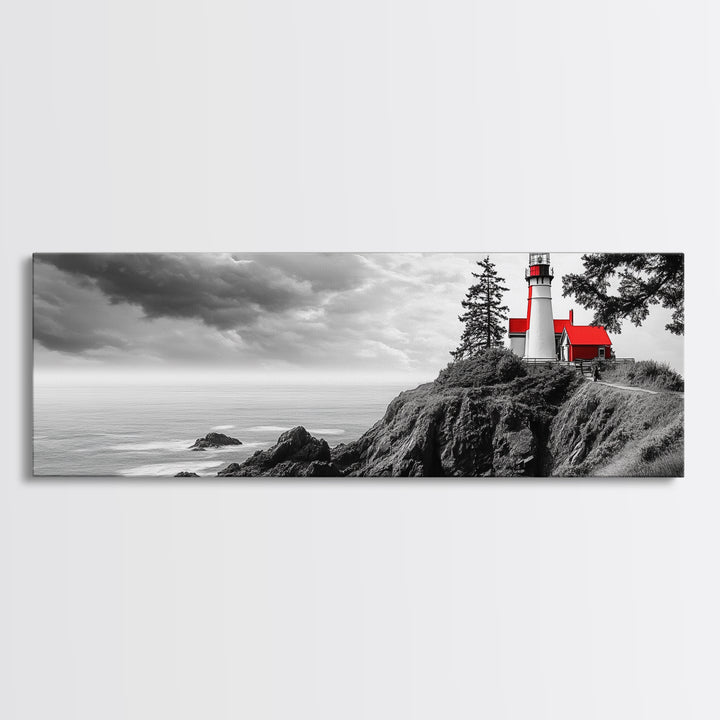Coastal Lighthouse, Ocean Cliffs, Red Roof, Nautical Beacon, Framed Canvas Print, Bathroom Wall Art, Minimalist Coastal Decor, Seaside Vibe