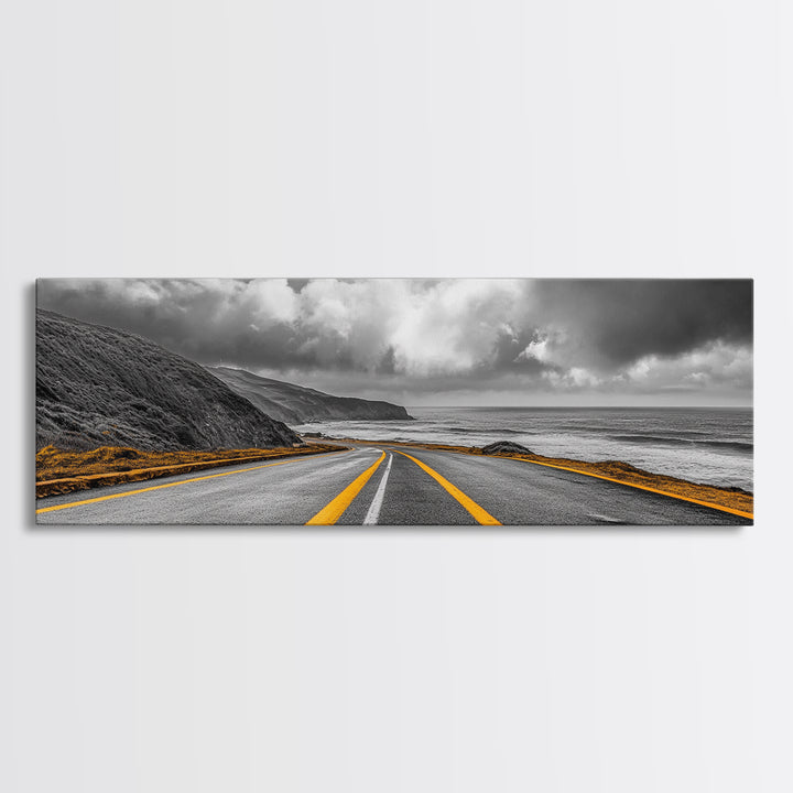 Coastal Highway Drive, Scenic Ocean Road, Stormy Sky Vibes, Framed Canvas Print, Modern Wall Art, Office Decor, Monochrome Landscape