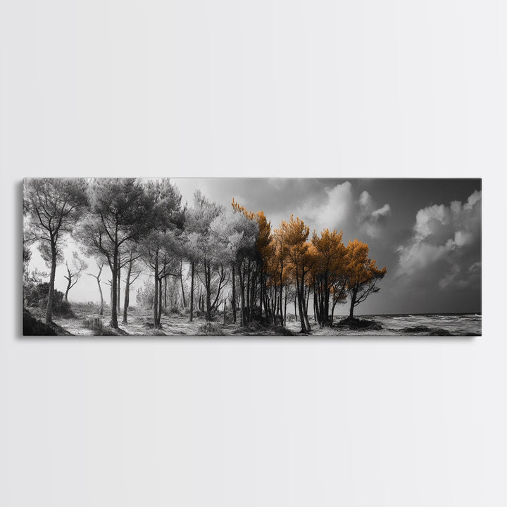 Autumn Forest Trees, Windswept Pine Grove, Beachside View, Framed Canvas Print, Fall Wall Art, Entryway Decor, Minimalist Style