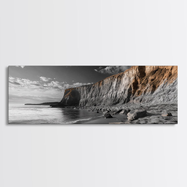 Coastal Cliffs Sunset, Rugged Shoreline Scene, Seaside Beauty, Framed Canvas Print, Earth Tone Art, Living Room Decor, Nature Wall Art