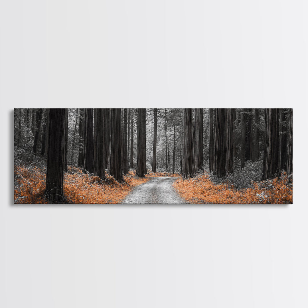 Redwood Forest Path, Serene Nature Trail, Autumn Ground Cover, Framed Canvas Print, Fall Wall Art, Rustic Home Decor, Woodland Scene