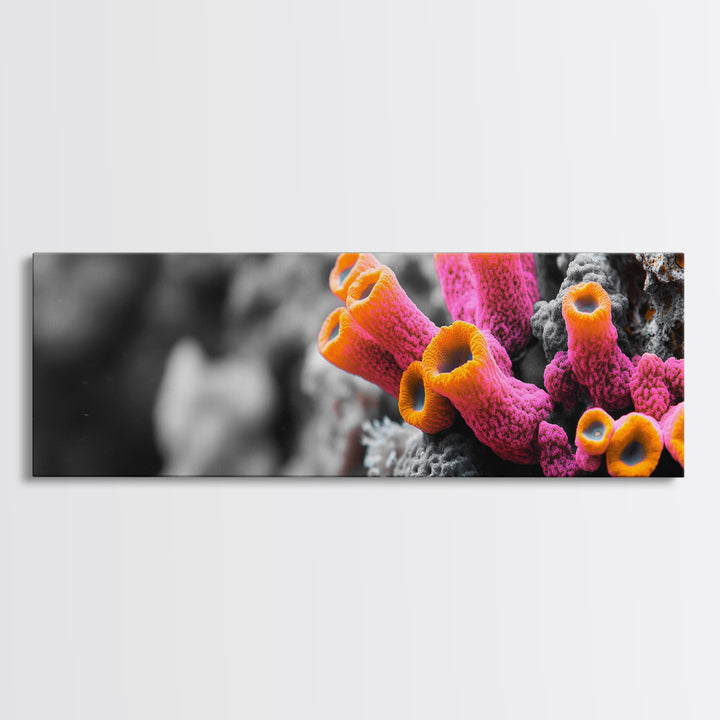 Neon Coral Closeup, Vibrant Underwater Detail, Oceanic Texture Wall Art, Framed Canvas Print, Bathroom Decor, Coastal Modern Style