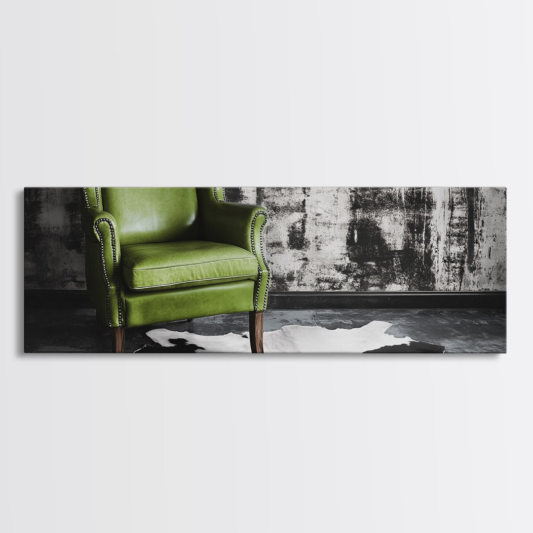 Green Leather Chair, Industrial Urban Scene, Chic Lounge Interior, Framed Canvas Print, Modern Wall Art, Man Cave Office Decor
