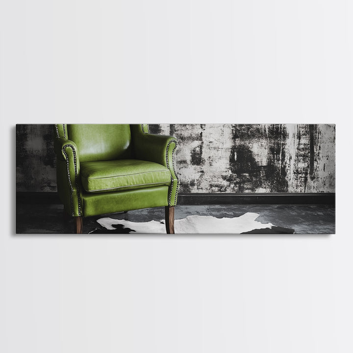 Green Leather Chair, Industrial Urban Scene, Chic Lounge Interior, Framed Canvas Print, Modern Wall Art, Man Cave Office Decor