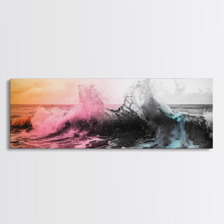 Crashing Ocean Wave, Pastel Color Splash, Moody Coastal Storm, Framed Canvas Print, Bathroom Wall Art, Surfer Beach Vibes