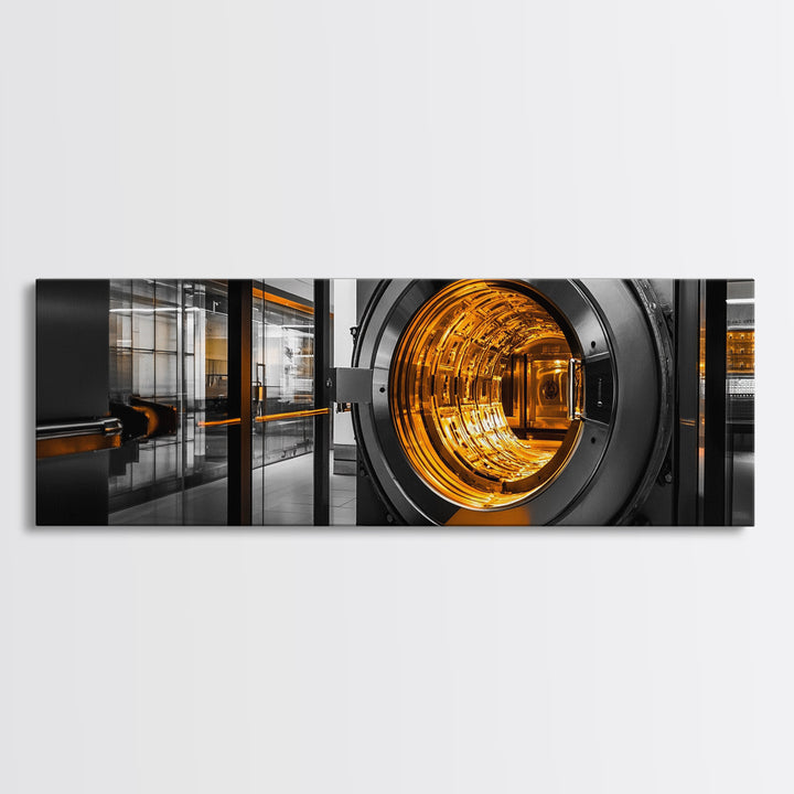 Bank Vault, Futuristic Glow, Industrial Design, Gold Tones, Framed Canvas Print, Office Wall Art, Cyberpunk Decor, Grunge Decor
