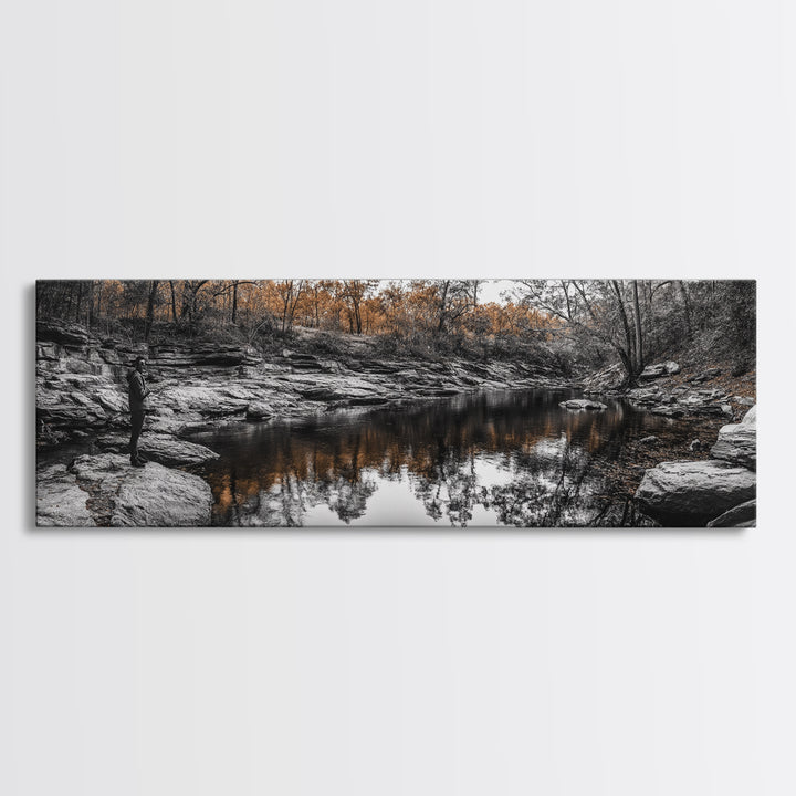 Peaceful Creek View, Fall Foliage Forest, Nature Wall Art, Fishing Scene, Framed Canvas Print, Rustic Home Decor, Autumn Photography