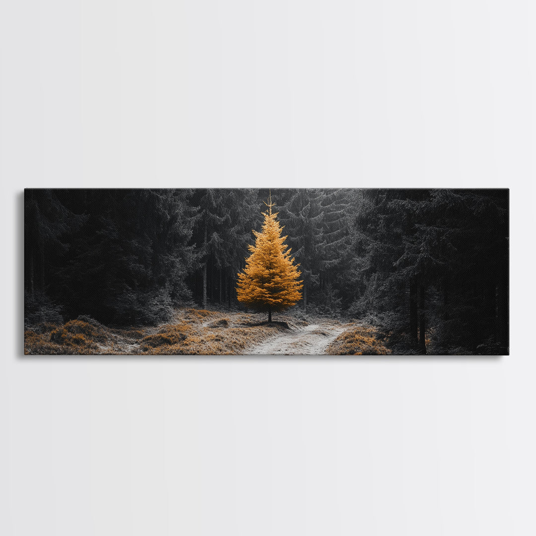 Lone Golden Tree, Forest Path Landscape, Moody Nature Wall Art, Framed Canvas Print, Minimalist Fall Decor, Entryway Accent Piece