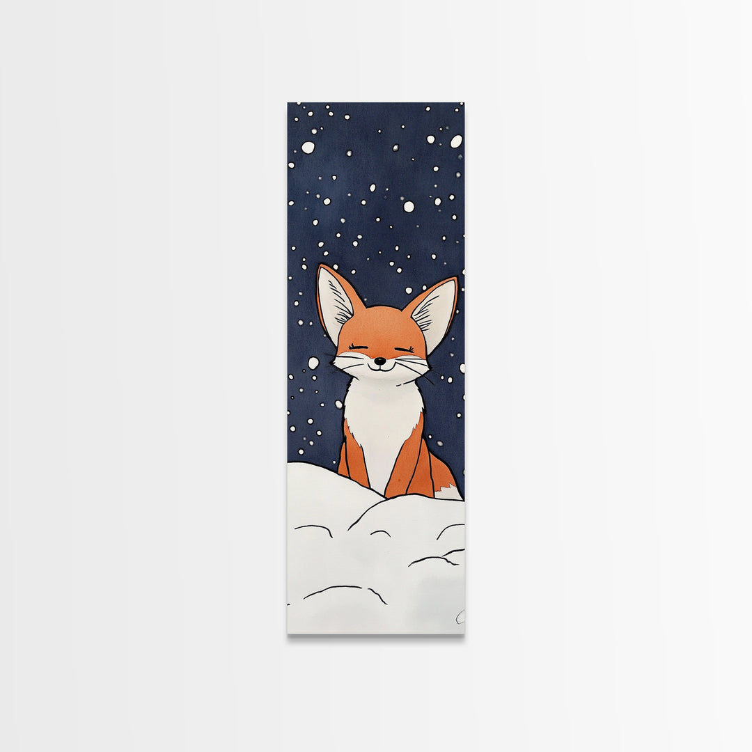 Sleepy Fox In Snowy Night Canvas Print, Whimsical Animal Art, Woodland Nursery Decor, Kids Room Wall Decor, Winter Wall Art