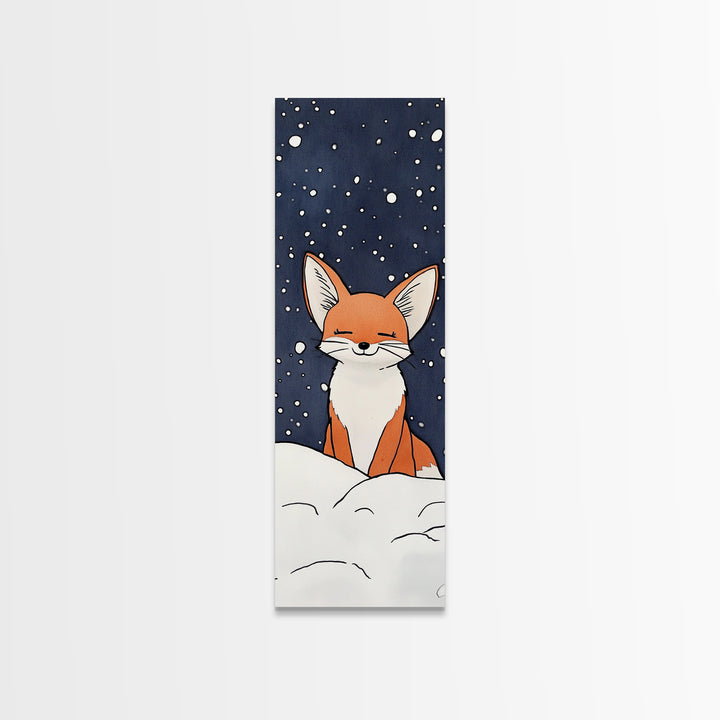 Sleepy Fox In Snowy Night Canvas Print, Whimsical Animal Art, Woodland Nursery Decor, Kids Room Wall Decor, Winter Wall Art