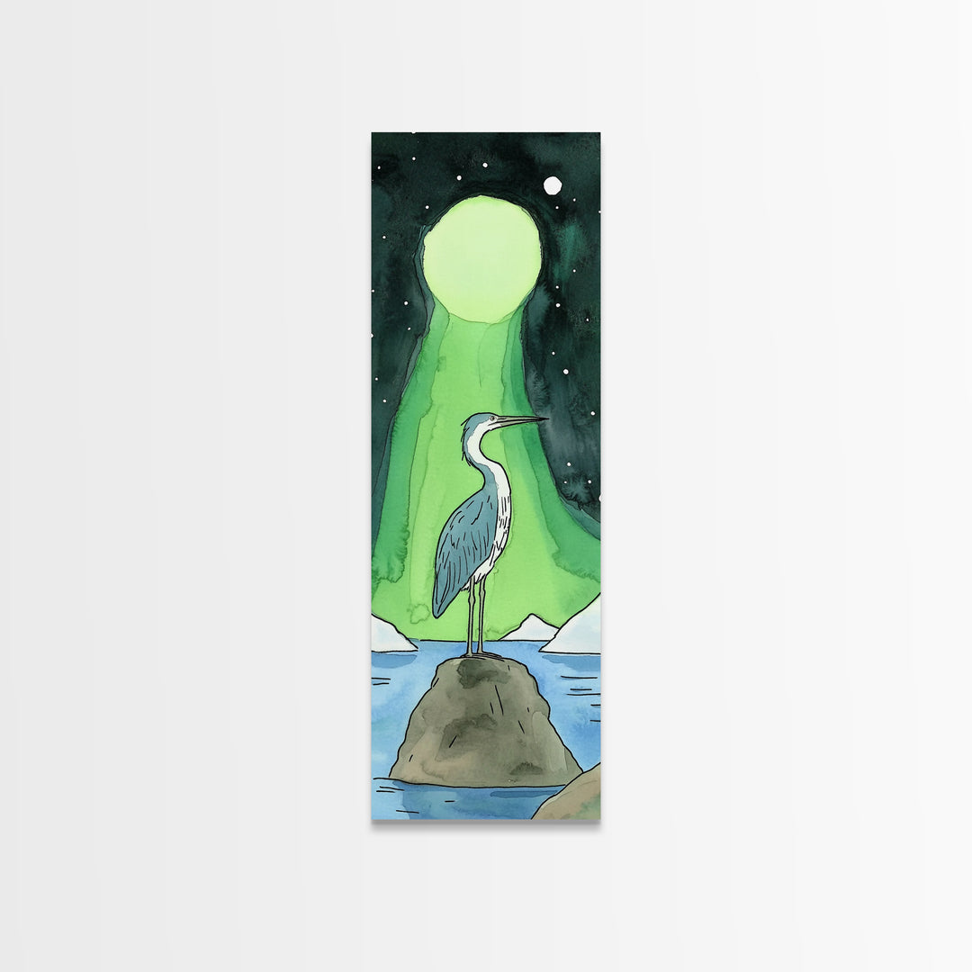 Heron Under Green Aurora Moon Wall Art, Celestial Bird Art Print, Northern Lights Decor, Coastal Wall Decor, Mystical Nature Art
