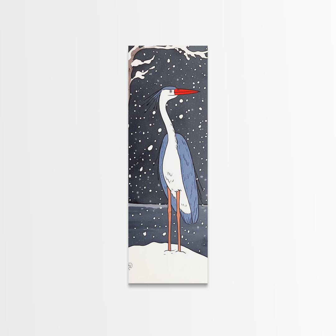 Snowy Heron With Red Beak Framed Canvas Print, Winter Bird Wall Art, Coastal Wall Decor, Animal Art Print, Nature Decor, Gift