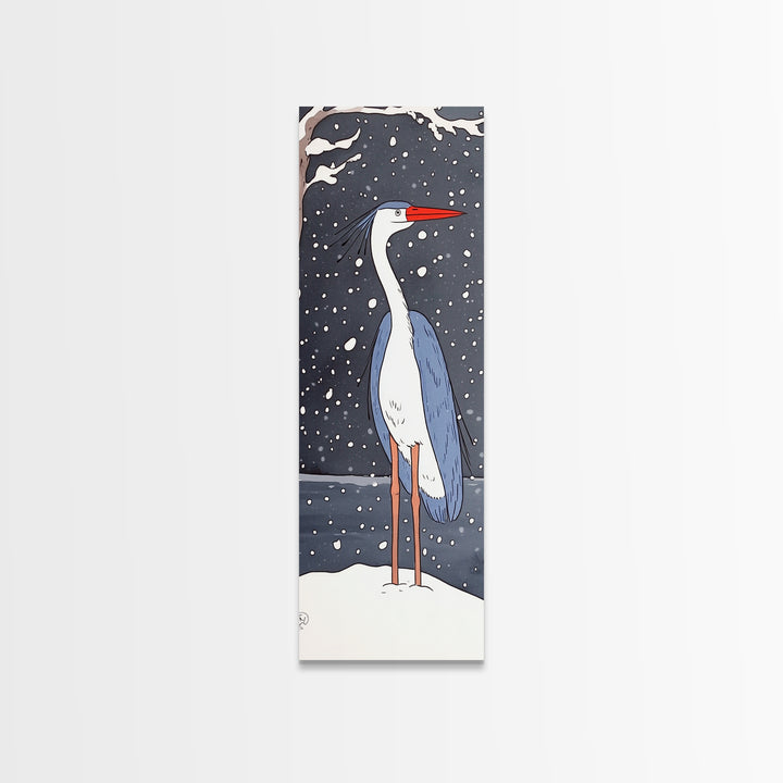Snowy Heron With Red Beak Framed Canvas Print, Winter Bird Wall Art, Coastal Wall Decor, Animal Art Print, Nature Decor, Gift