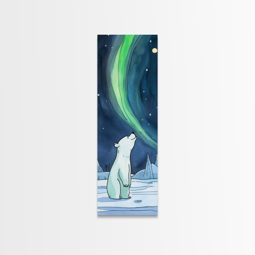Polar Bear Watching Northern Lights Wall Art, Aurora Canvas Print, Arctic Animal Art, Nursery Decor, Winter Nature Wall Decor