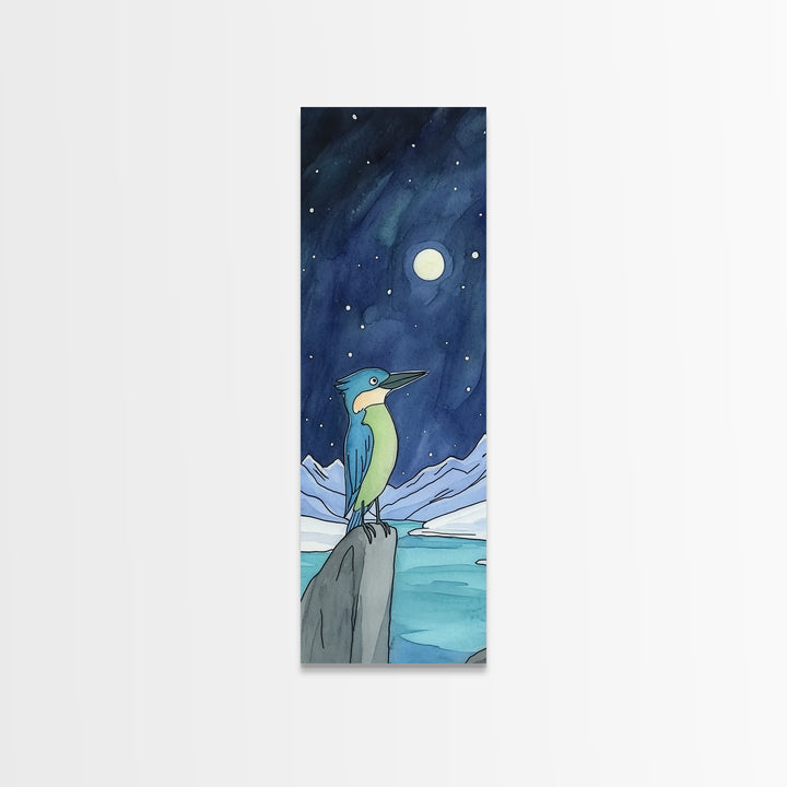 Moonlit Kingfisher On Arctic Ice Wall Art, Whimsical Bird Print, Celestial Night Sky Decor, Kids Room Art Gift, Nursery Decor