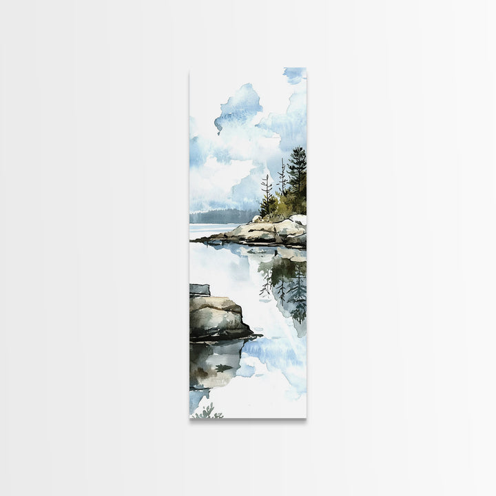 Quiet Rocky Lake And Pine Reflection Framed Canvas Print, Watercolor Landscape Wall Art, Nature Decor, Living Room Art Print