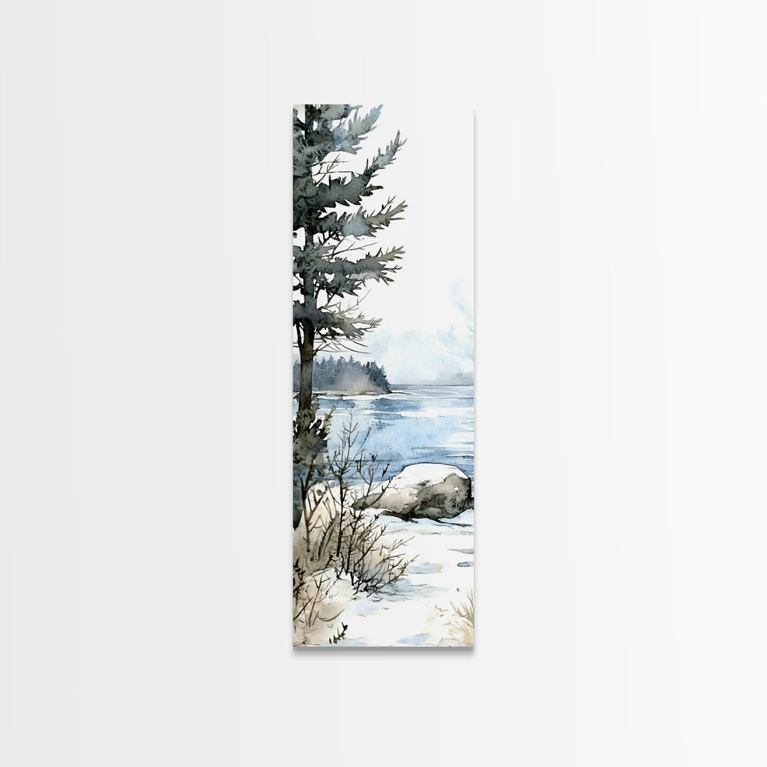 Pine Tree By Frozen Lake Framed Canvas Print, Winter Coastal Landscape Wall Art, Cabin Decor, Scandinavian Wall Decor Gift