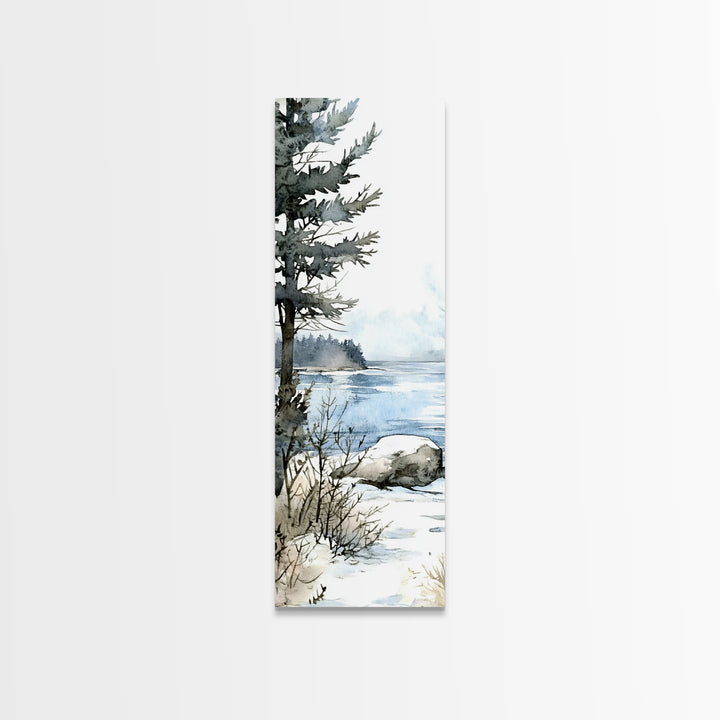 Pine Tree By Frozen Lake Framed Canvas Print, Winter Coastal Landscape Wall Art, Cabin Decor, Scandinavian Wall Decor Gift