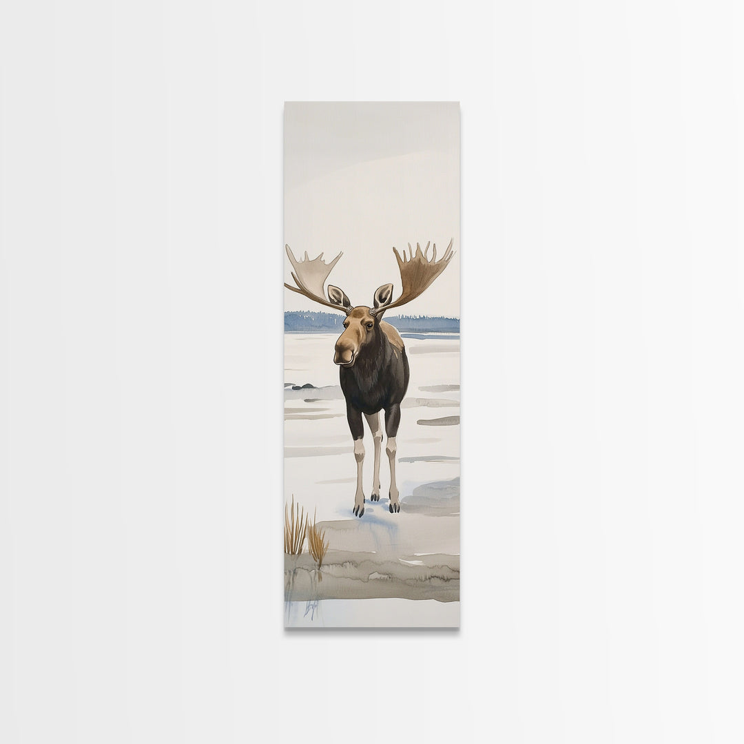 Snowy Moose Watercolor Wall Art, Rustic Wildlife Print, Cabin Decor, Winter Landscape Art, Nature Lover Housewarming Gift