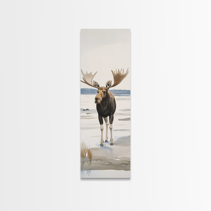 Snowy Moose Watercolor Wall Art, Rustic Wildlife Print, Cabin Decor, Winter Landscape Art, Nature Lover Housewarming Gift