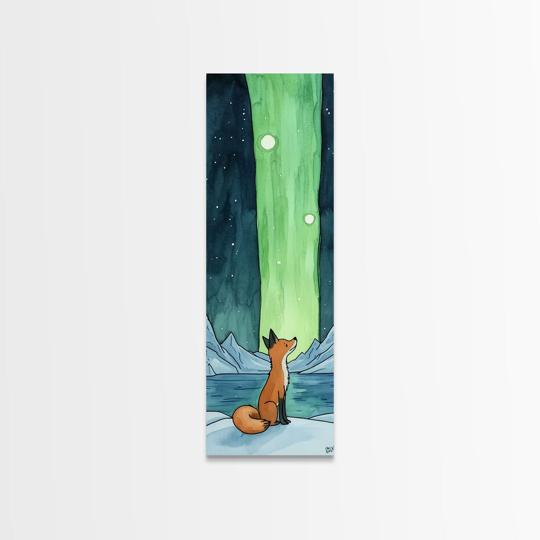 Fox Watching Northern Lights Canvas Print Arctic Landscape Wall Art, Celestial Animal Decor, Cozy Kids Room Nursery Gift