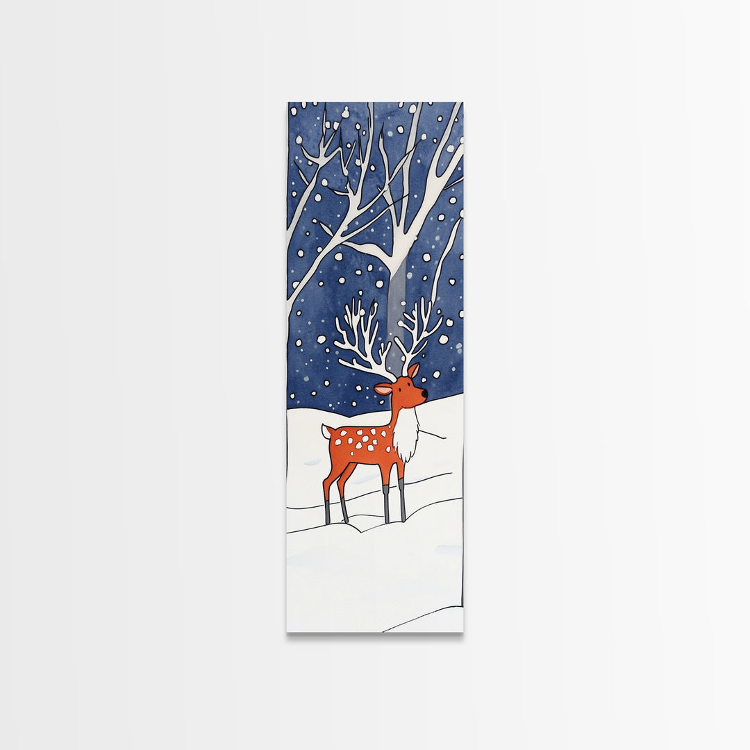 Red Reindeer In Snowy Forest Wall Art, Whimsical Winter Woodland Nursery Decor, Christmas Gift, Kids Room Wall Decor For Baby