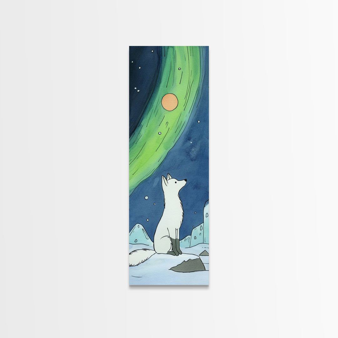 Arctic Fox Under Northern Lights Wall Art, Whimsical Snowy Animal Print, Aurora Nursery Decor, Winter Wildlife Canvas Print