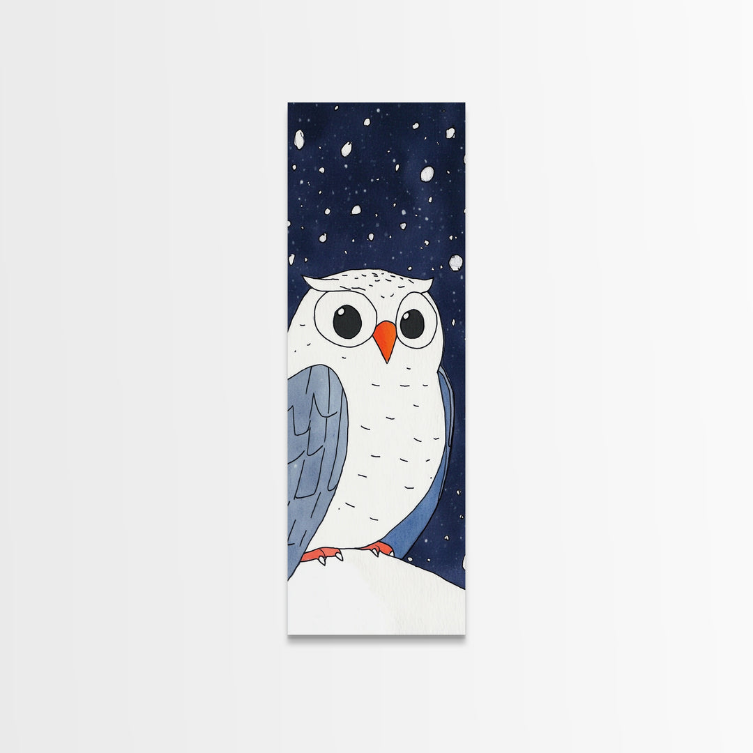 Snowy Owl Closeup Wall Art, Cute Winter Bird Canvas Print, Whimsical Nursery Decor, Kids Room Art, Snowfall Animal Gift Print