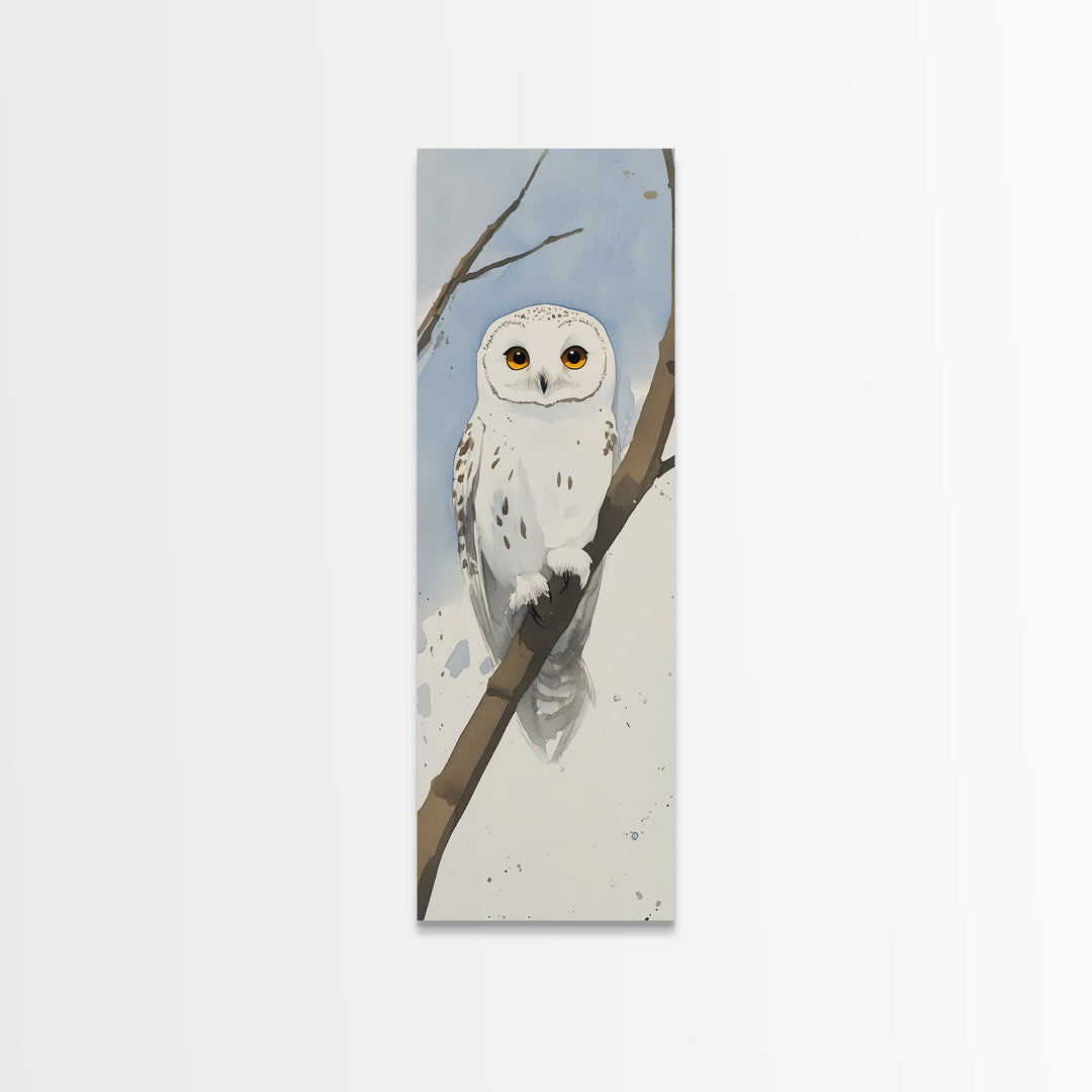 Snowy Owl On Winter Branch Wall Art, Watercolor Bird Print, Woodland Nursery Decor, Rustic Wildlife Art, Nature Lover Gift