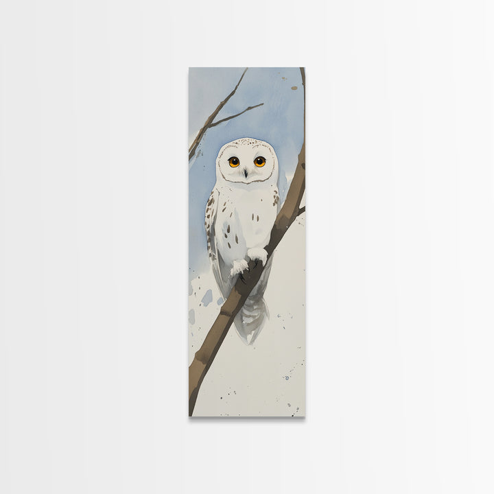 Snowy Owl On Winter Branch Wall Art, Watercolor Bird Print, Woodland Nursery Decor, Rustic Wildlife Art, Nature Lover Gift