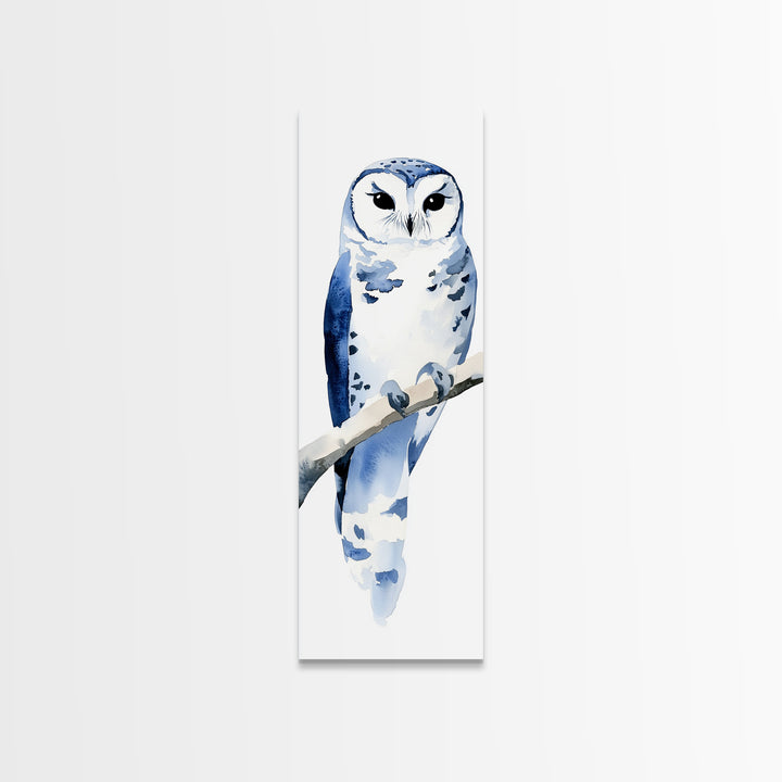 Blue And White Owl On Branch Canvas Print, Minimal Watercolor Bird Art, Nursery Wall Decor, Coastal Blue Bedroom Art Gift