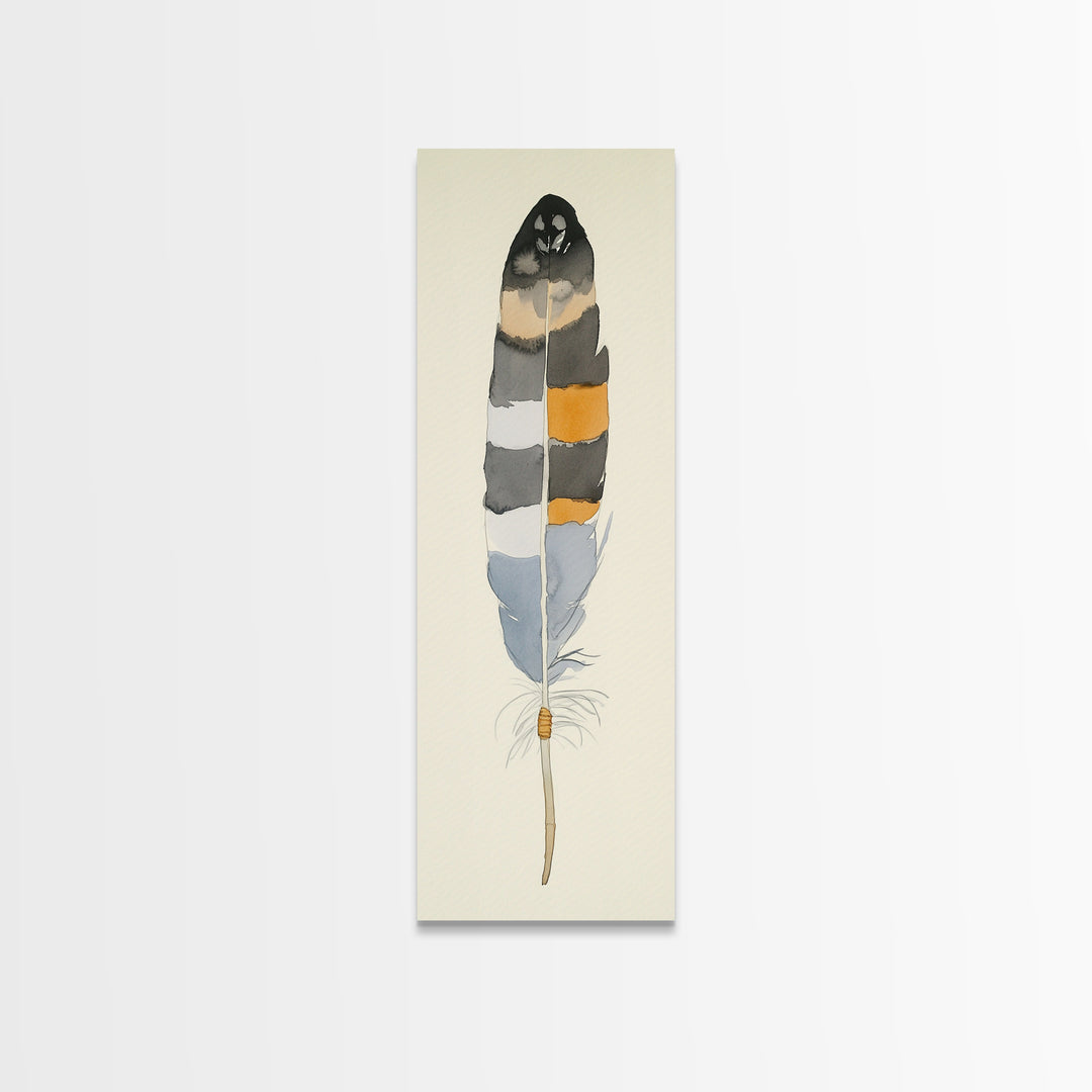 Bold Striped Feather Canvas Print, Watercolor Bird Art, Boho Wall Decor, Neutral Nature Print, Rustic Gallery Wall Gift Idea