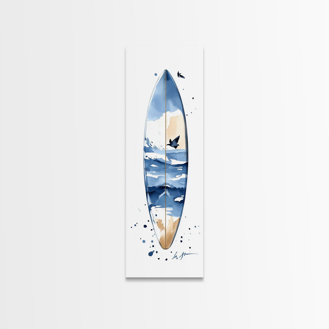 Blue Wave Surfboard With Birds Canvas Print, Coastal Wall Art, Ocean Decor, Beach House Surf Poster, Living Room Art, Modern Coastal Art