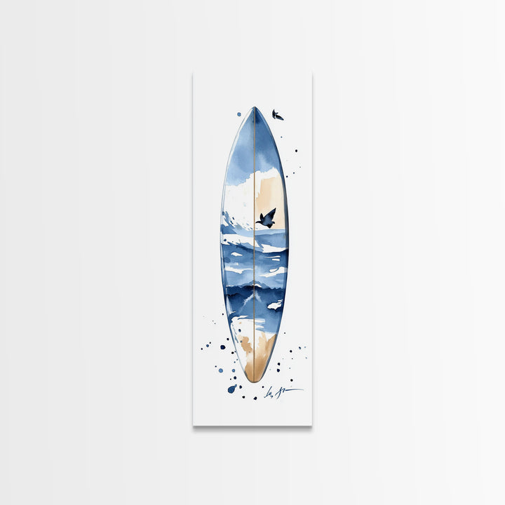 Blue Wave Surfboard With Birds Canvas Print, Coastal Wall Art, Ocean Decor, Beach House Surf Poster, Living Room Art, Modern Coastal Art