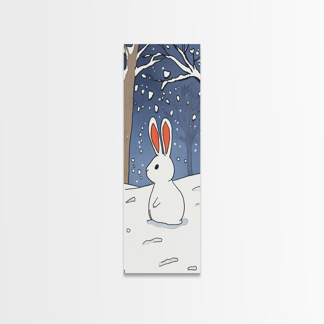 White Bunny In Snowy Forest Wall Art, Whimsical Rabbit Print, Woodland Nursery Decor, Winter Kids Room Wall Decor, Baby Shower Gift