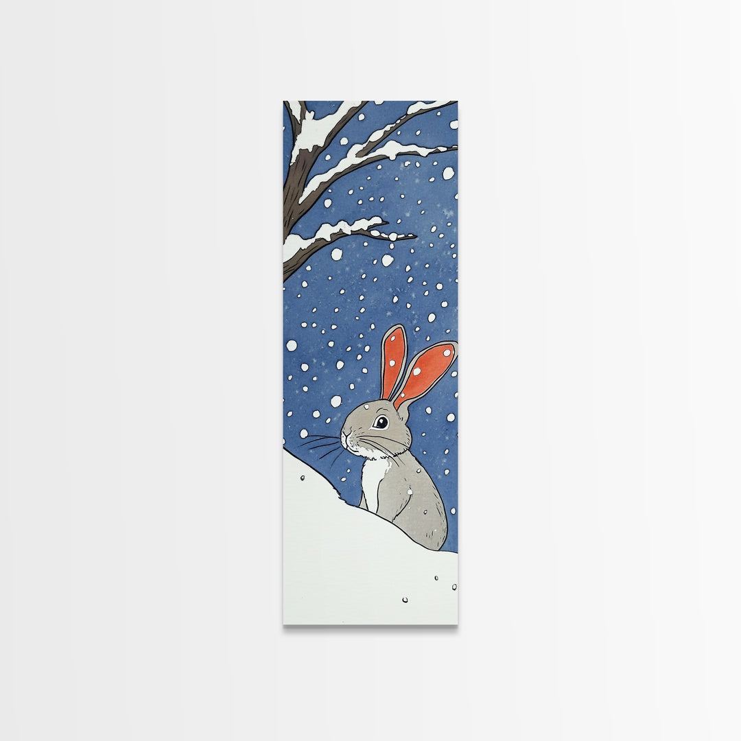 Snow Bunny In Falling Snow Wall Art, Whimsical Rabbit Watercolor Print, Cute Nursery Animal Decor, Winter Kids Room Art