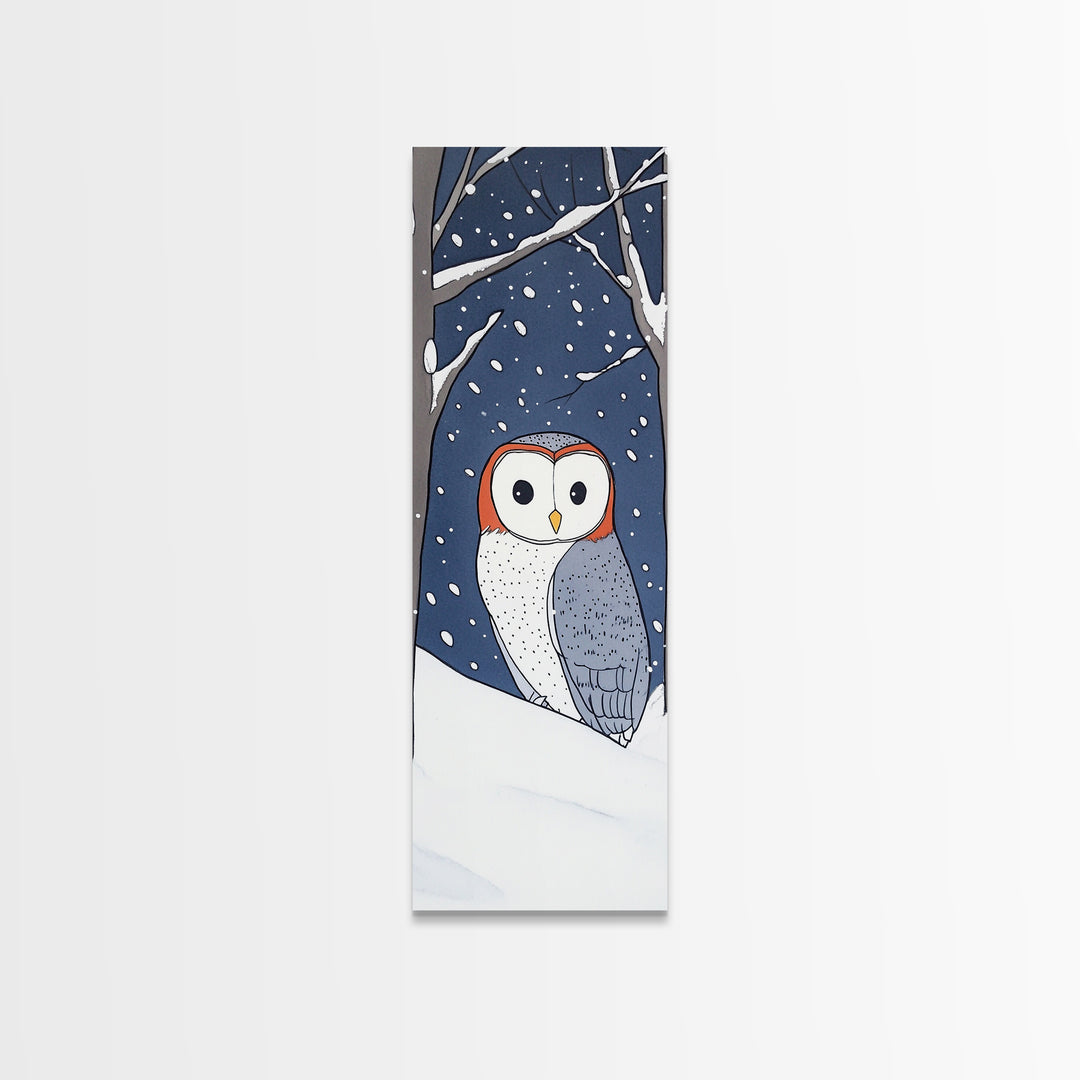 Cute Barn Owl In Snow Canvas Print, Whimsical Animal Wall Art, Winter Nursery Decor, Woodland Bird Gift For Kids Room Decor