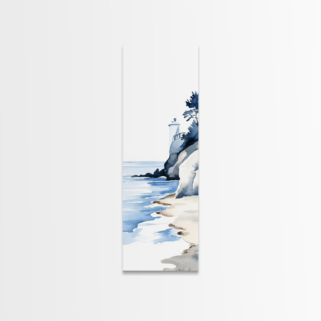 Blue Lighthouse On Cliff Canvas Print, Coastal Wall Art, Nautical Beach Decor, Ocean Landscape For Bathroom Or Living Room