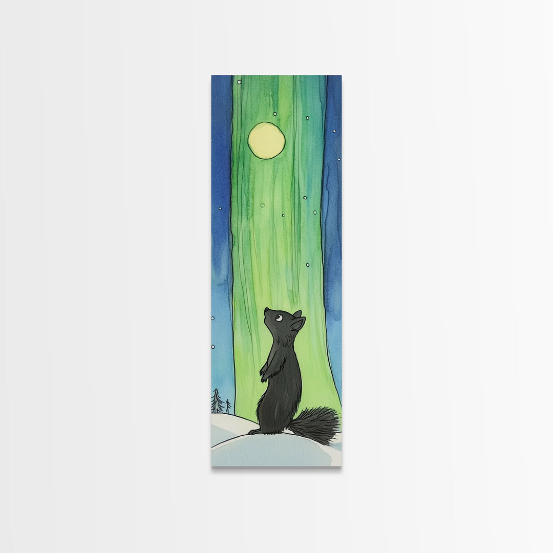 Black Squirrel Aurora Moon Canvas Print, Whimsical Animal Wall Art, Nursery Decor, Kids Room Art, Celestial Wall Decor Gift