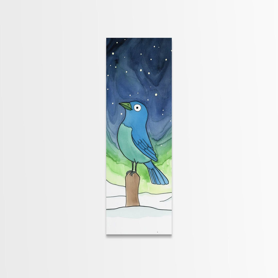 Whimsical Blue Bird In Starry Snow Canvas Print, Winter Nursery Wall Art, Kids Room Decor, Cute Animal Art, Bird Lover Gift