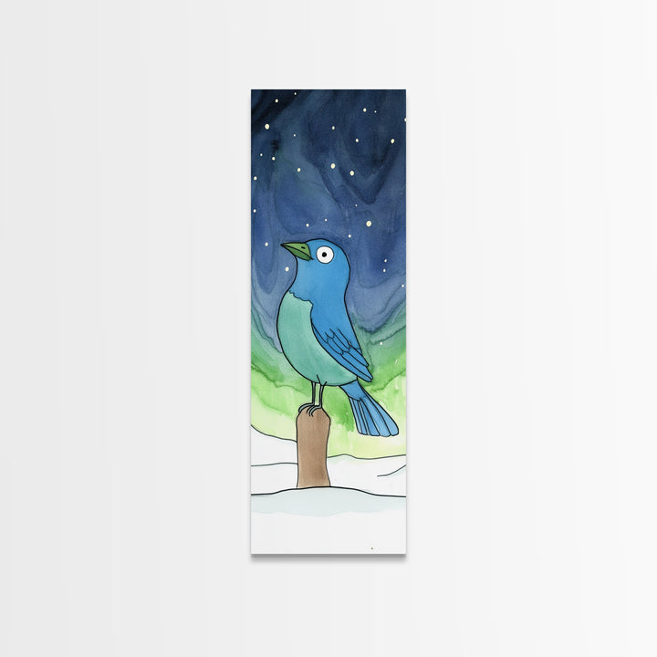 Whimsical Blue Bird In Starry Snow Canvas Print, Winter Nursery Wall Art, Kids Room Decor, Cute Animal Art, Bird Lover Gift