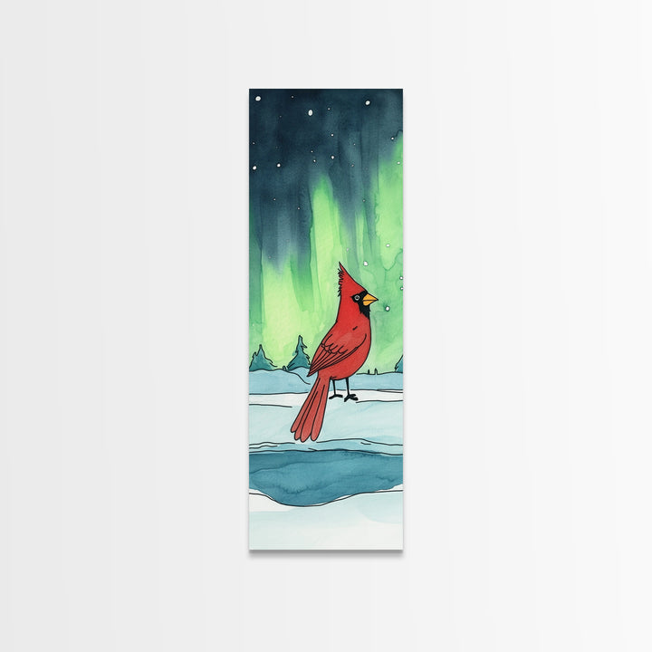 Red Cardinal In Snowy Aurora Landscape Framed Canvas Print, Winter Bird Wall Art, Nature Wall Decor, Christmas Gift, Living Room Art