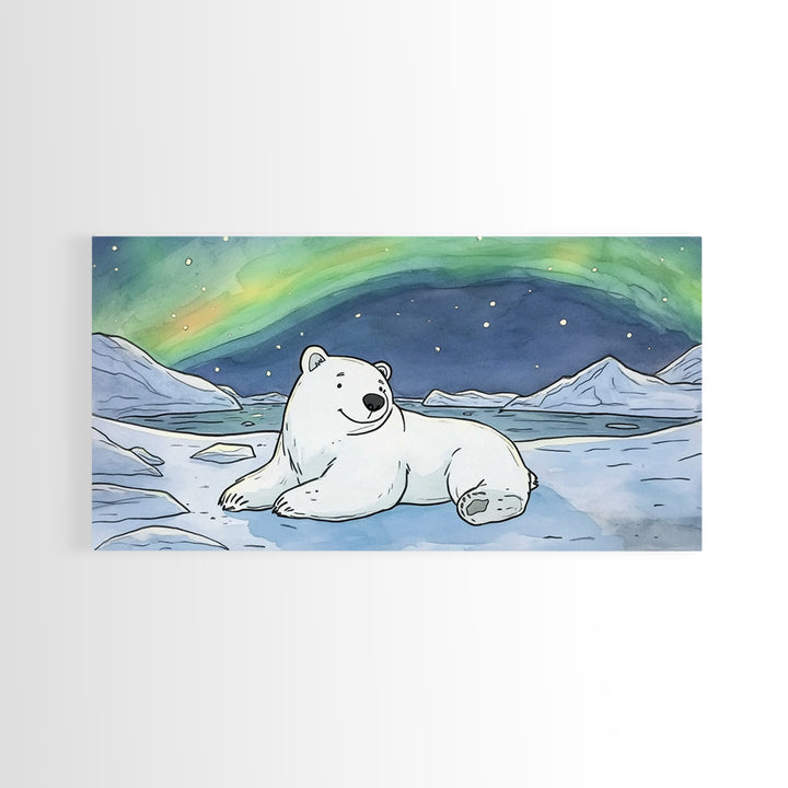 Polar Bear Under Northern Lights Wall Art, Arctic Animal Canvas Print, Nursery Decor, Wildlife Print, Winter Home Decor Gift