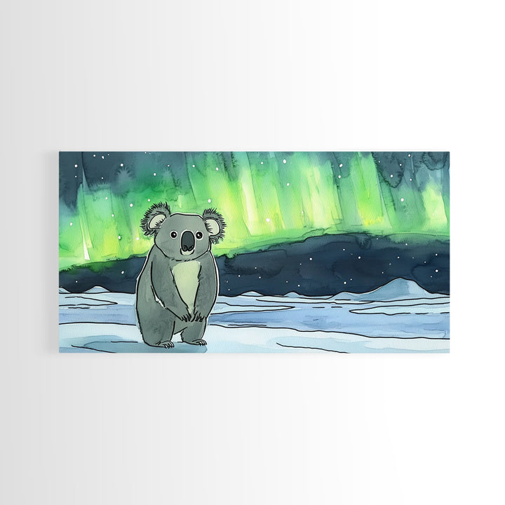 Koala Under Northern Lights Wall Art, Whimsical Animal Canvas Print, Aurora Nursery Decor, Kids Room Art, Unique Gift For Her