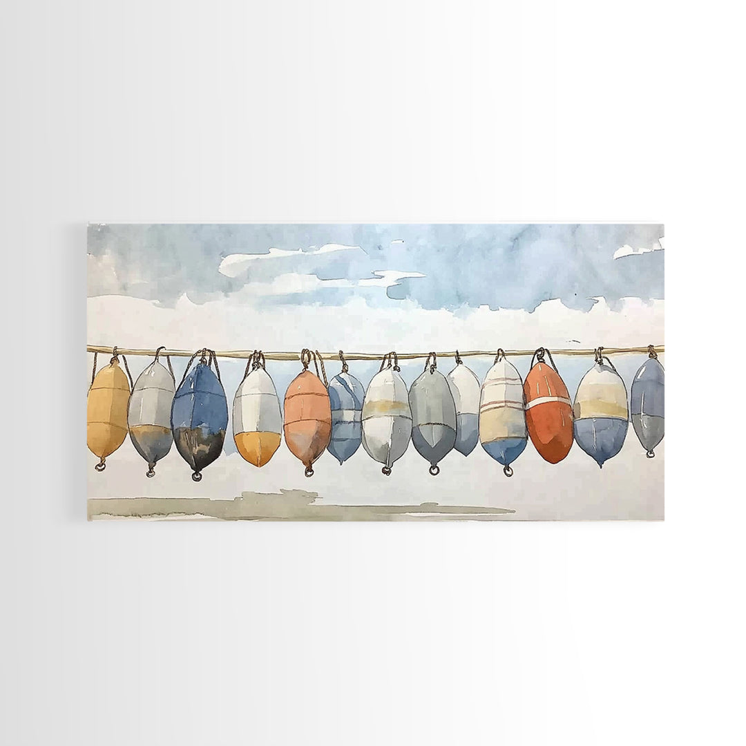 Hanging Coastal Buoys Canvas Print, Nautical Wall Art, Beach House Decor, Ocean Print, Bathroom Wall Decor, Gift For Her