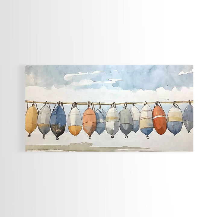 Hanging Coastal Buoys Canvas Print, Nautical Wall Art, Beach House Decor, Ocean Print, Bathroom Wall Decor, Gift For Her
