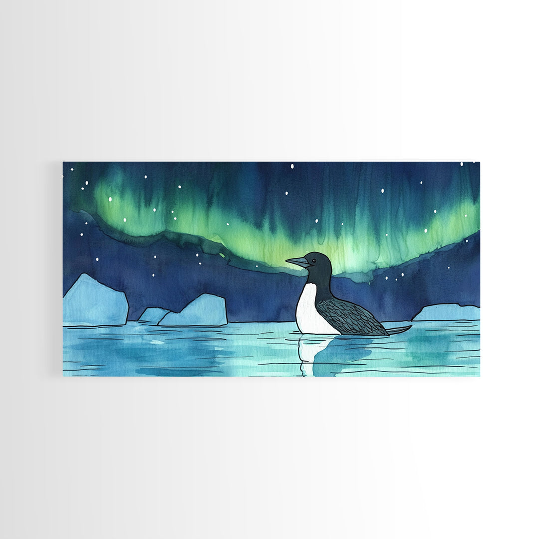 Loon Under Northern Lights Wall Art, Arctic Lake Canvas Print, Wildlife Bird Print, Coastal Nature Decor, Gift For Her, Home Decor