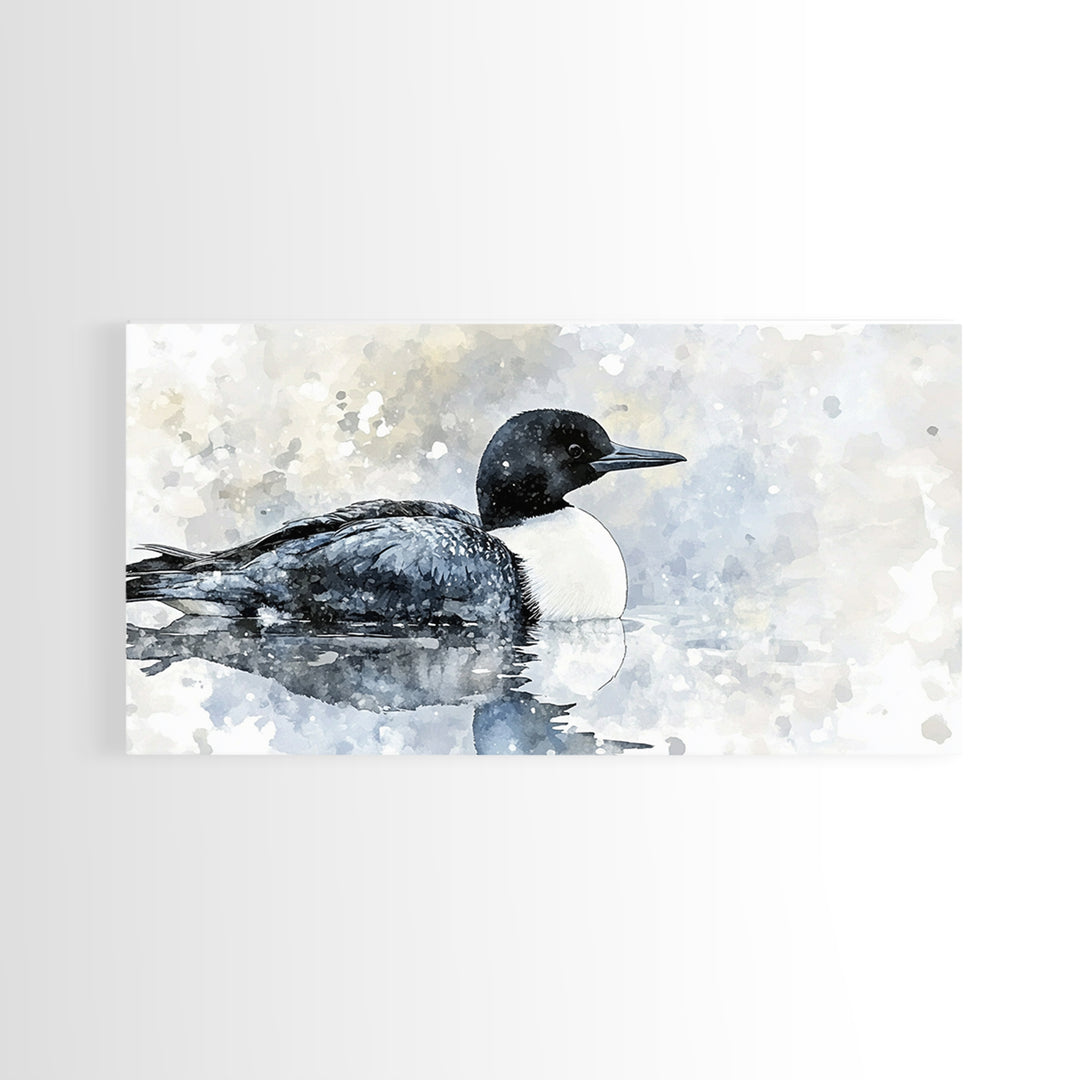 Watercolor Loon On Misty Lake Wall Art, Coastal Bird Canvas Print, Nature Wildlife Decor, Serene Lake House Gift, Living Room Fine Art Print