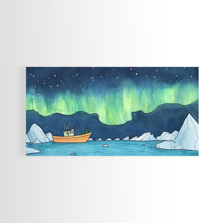 Northern Lights Boat And Iceberg Wall Art, Arctic Seascape Canvas Print, Aurora Borealis Travel Poster, Nautical Decor Gift